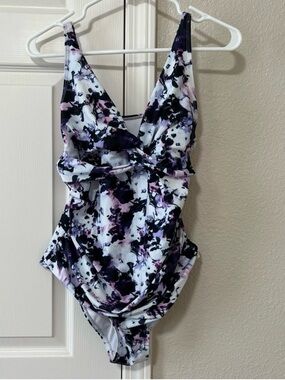 ROMWE Floral One Piece Swimsuit Purple Black White Twist Front Size Large